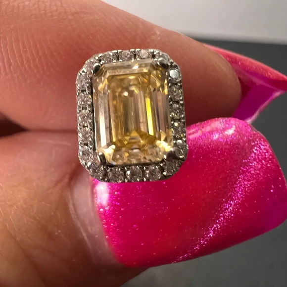 Yellow and white moissanite halo stud earrings in rhodium over sterling silver - Picture 5 of 12